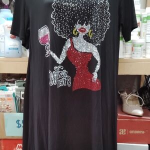 Black Asymmetrical Dress with Red and Silver Design